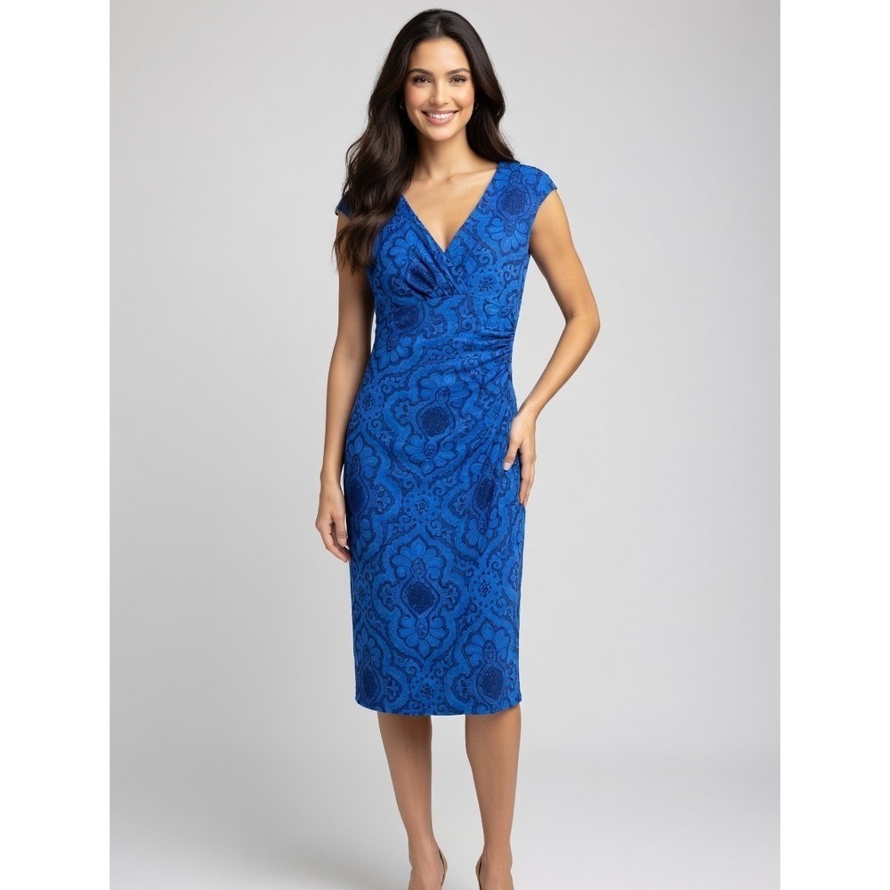 Lauren Ralph Lauren Blue Damask Paisley Ruched V-Neck Sheath Dress Womens 4